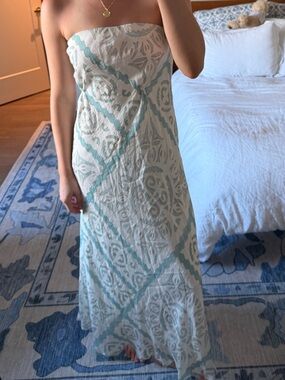Strapless Maxi Dress in Pale Blue and Cream